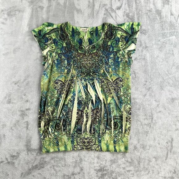 One World Tunic Top Womens XL Green Butterfly Embellished Fairycore Boho Y2K - Picture 1 of 10
